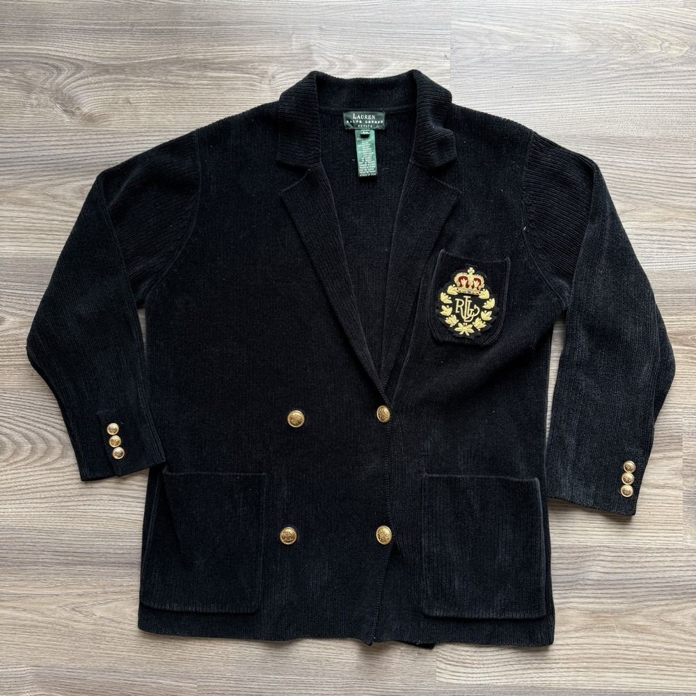Vintage Ralph Lauren Chenile Black Cardigan Sweater Jacket Crest Womens P/P S